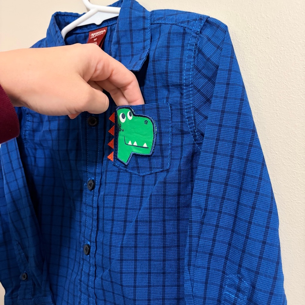 Arizona Jean Company Blue Plaid Kids Long Sleeve Button Down Shirt with Dinosaur - Picture 2 of 5